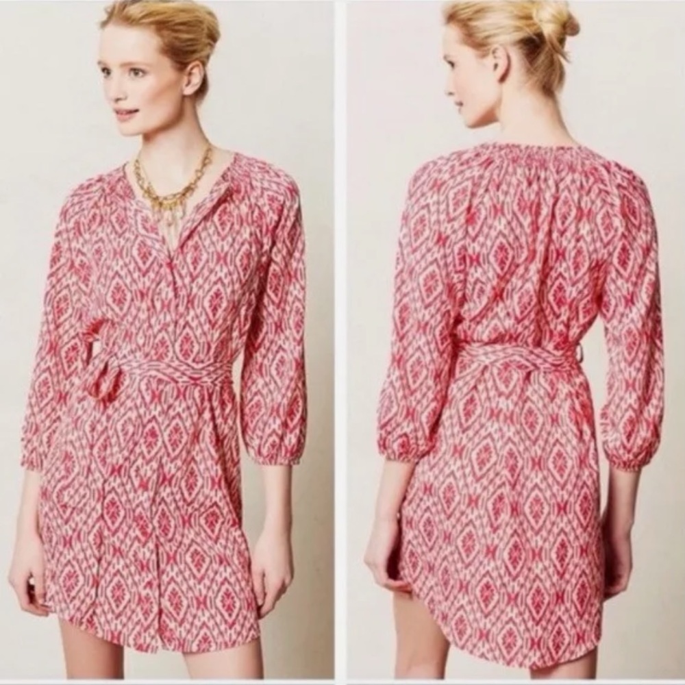 Anthropologie Maeve Ikat Shirt Dress Pink and White